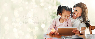 Buy stock photo Mother, child and tablet for home education, e learning support and games for development on banner. Happy family, mom and girl on digital tech for kids video and school with lights overlay or mockup