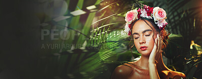 Buy stock photo Face, beauty and flower crown with a woman on space for natural wellness, green or organic skincare. Spring, nature or rose with a confident young model on a banner or mockup for cosmetic marketing