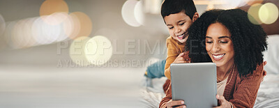 Buy stock photo Bokeh, tablet or mother with child on a bed with mockup, social media or streaming subscription at home. Digital, space and mom with kid son in a bedroom happy, relax and online for movies or games