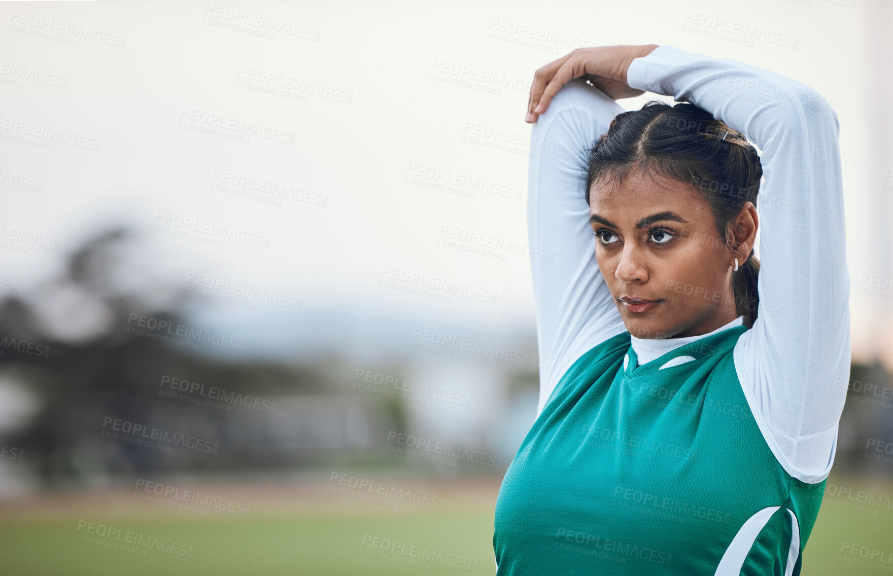 Buy stock photo Thinking, stretching and a woman hockey player getting ready for the start of a game or competition outdoor. Sports, fitness and warm up with a young athlete on a field for a training workout