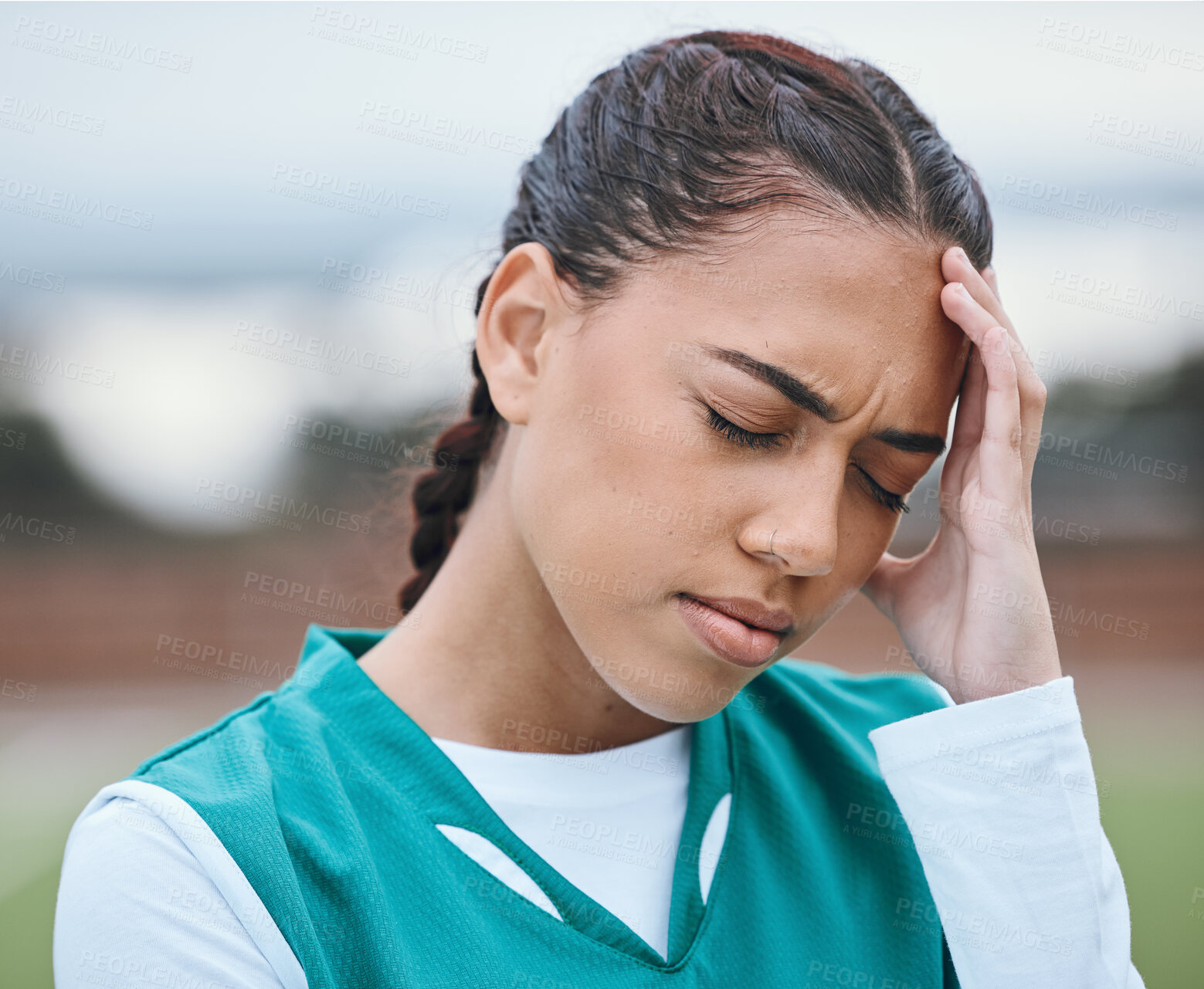 Buy stock photo Sports, headache or face of woman on hockey field for fitness, exercise or workout challenge. Tired girl, stress anxiety or sick athlete with migraine, injury or head pain frustrated by training