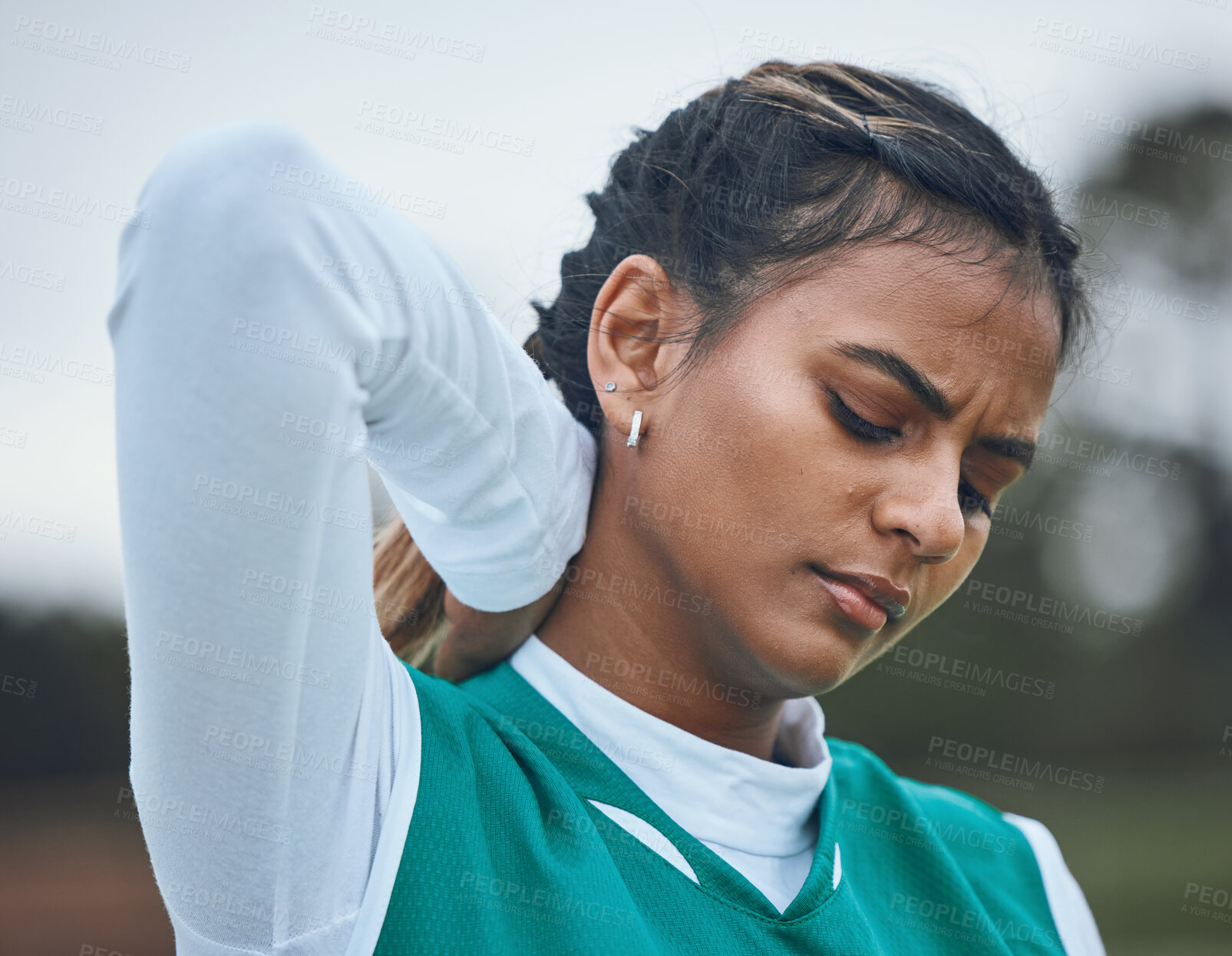 Buy stock photo Tired, nature or sports woman with neck pain in exercise, body training injury or outdoor workout. Girl athlete, stress or female hockey player with anxiety, accident or muscle problem emergency 