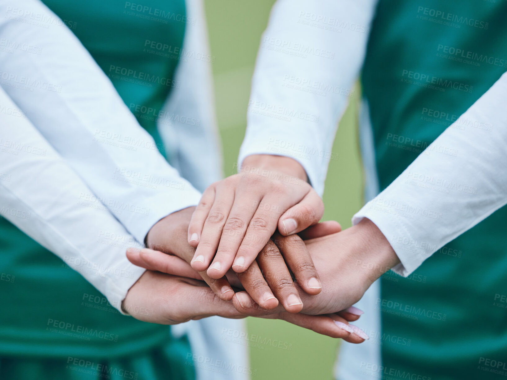 Buy stock photo Stack, sports or hands of team in huddle with support, solidarity or plan for a hockey training game. Group, turf closeup or athletes in practice for fitness exercise or match together for teamwork