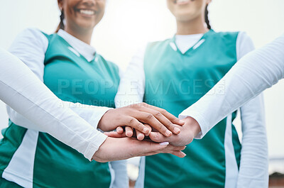 Buy stock photo Hands, sports women or team in huddle with support, smile or plan for a hockey training game. Low angle, stack or happy female athletes in practice for exercise or match together with pride or unity