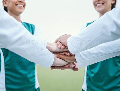 Buy stock photo Stack, sports women or hands of team in huddle with support, smile or plan for a hockey training game. Fitness, pride or happy female athletes in practice for exercise or match together for teamwork