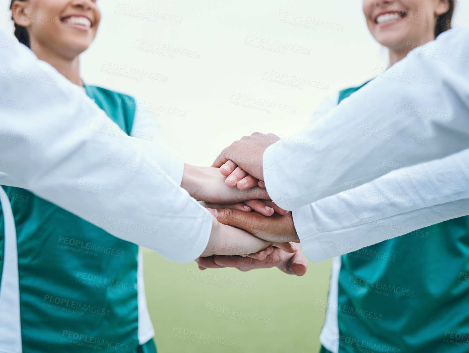 Buy stock photo Stack, sports women or hands of team in huddle with support, smile or plan for a hockey training game. Fitness, pride or happy female athletes in practice for exercise or match together for teamwork