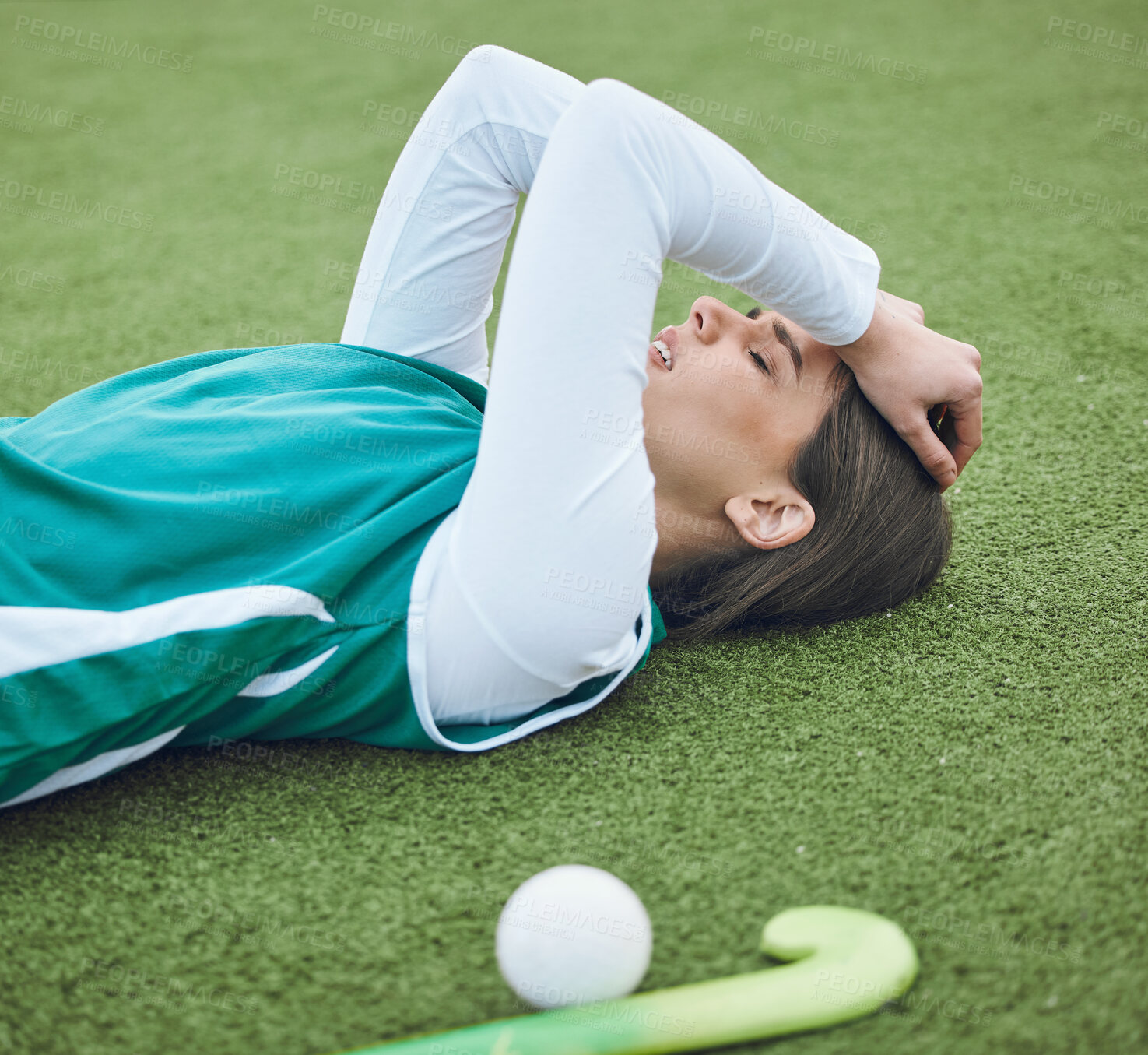 Buy stock photo Hockey player, woman is tired in field with fitness and sport, challenge or loss with burnout outdoor. Exercise, wellness and fatigue with fail in competition, mistake and crisis on stadium turf