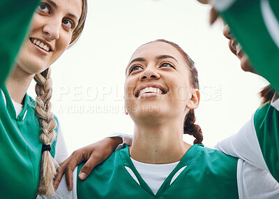 Buy stock photo Happy, team and women huddle in sports, game or conversation on field for match advice in soccer competition. Football player, group and support together in exercise, workout or training circle