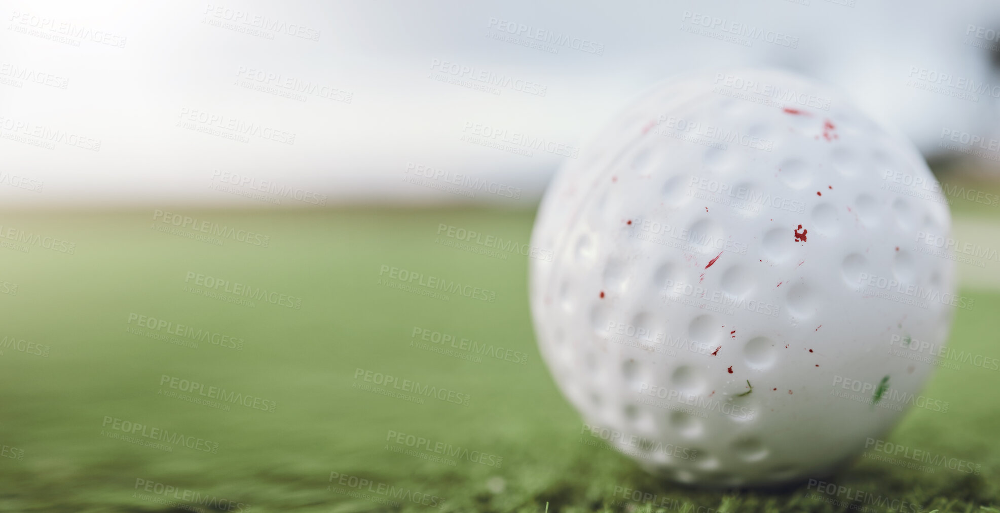 Buy stock photo Sports, hockey and ball on astro turf closeup with space for marketing or advertising outdoor. Fitness, exercise or training on grass and equipment on a field with banner mockup for game branding