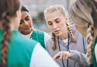 Buy stock photo Leader, sports coach or team planning tactics or strategy in a hockey training game, conversation or match. Women, talking or athletes in practice for fitness exercise together for teamwork in group