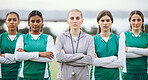 Portrait, coach and women with arms crossed, teamwork and workout with competition, exercise and sports. Face, group and healthy people with support, cooperation and training with wellness and game