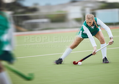 Buy stock photo Hockey, athlete and woman running in game, tournament or competition with ball, stick and action on artificial grass. Sports, training and women play in exercise, workout or motion on the ground