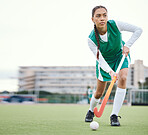 Field, hockey and woman running in game, tournament or competition with ball, stick and action on artificial grass. Sports, athlete and play in training, exercise or workout on green, pitch or ground