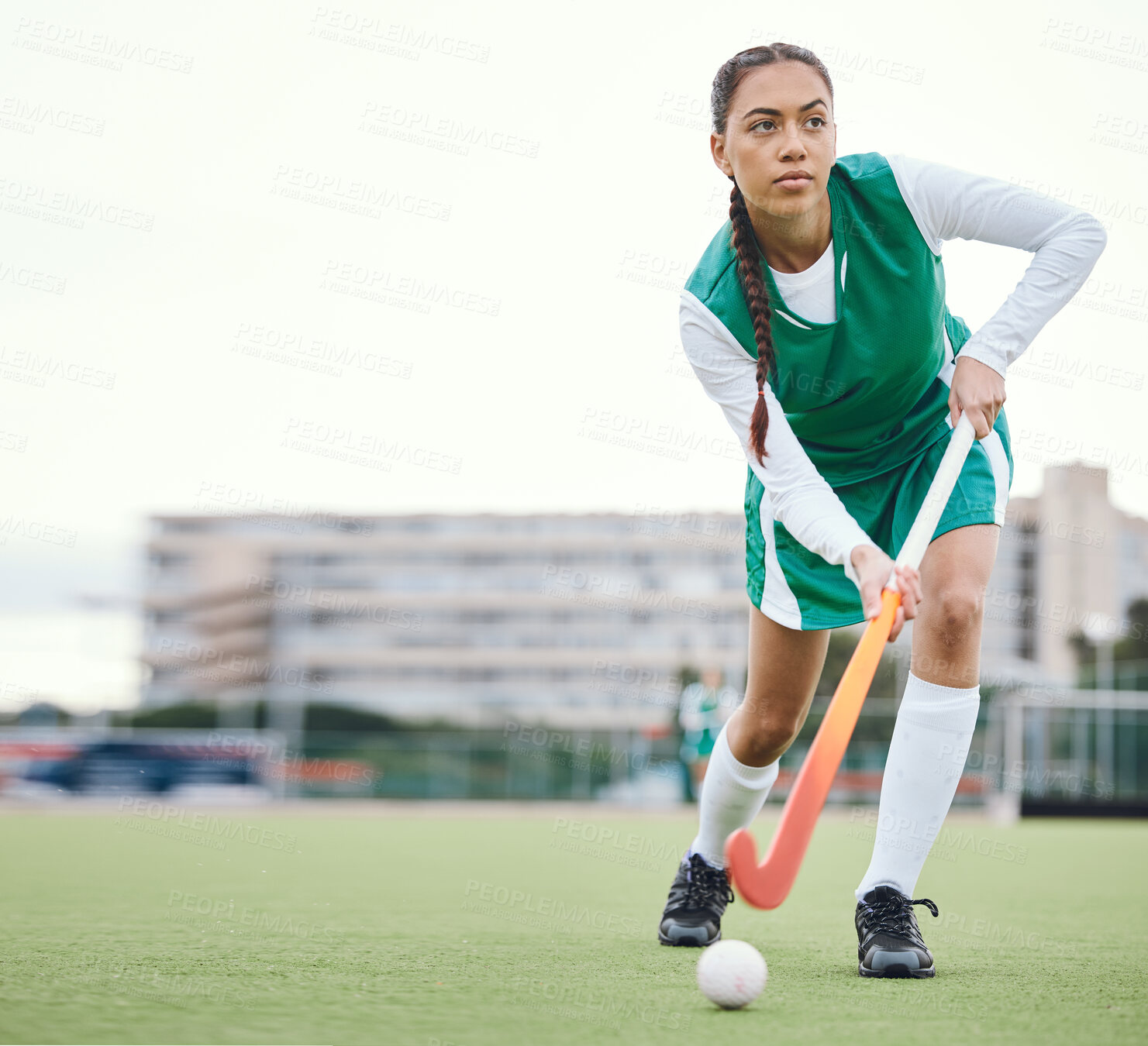 Buy stock photo Field, hockey and woman running in game, tournament or competition with ball, stick and action on artificial grass. Sports, athlete and play in training, exercise or workout on green, pitch or ground