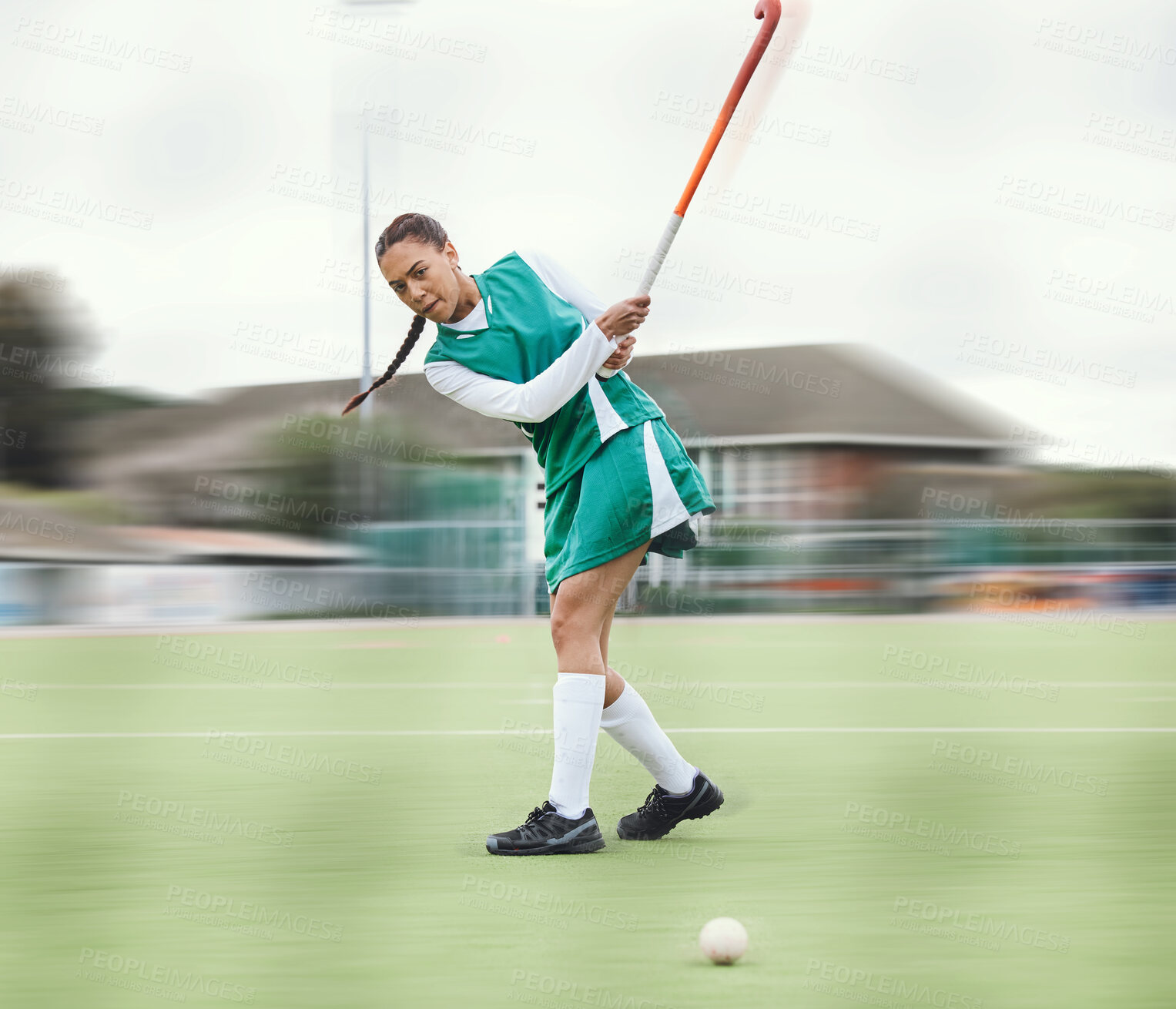 Buy stock photo Hockey, sports or woman in a training game, tournament or competition with ball, stick or action on turf. Blur, strong or fit girl player in exercise, workout or motion on artificial grass for power