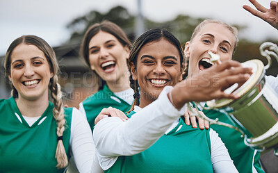 Buy stock photo Sports women, team and winning trophy in portrait, celebration and success in competition on field. Champion girl group, friends and diversity for hockey, goal or happy outdoor at stadium for contest