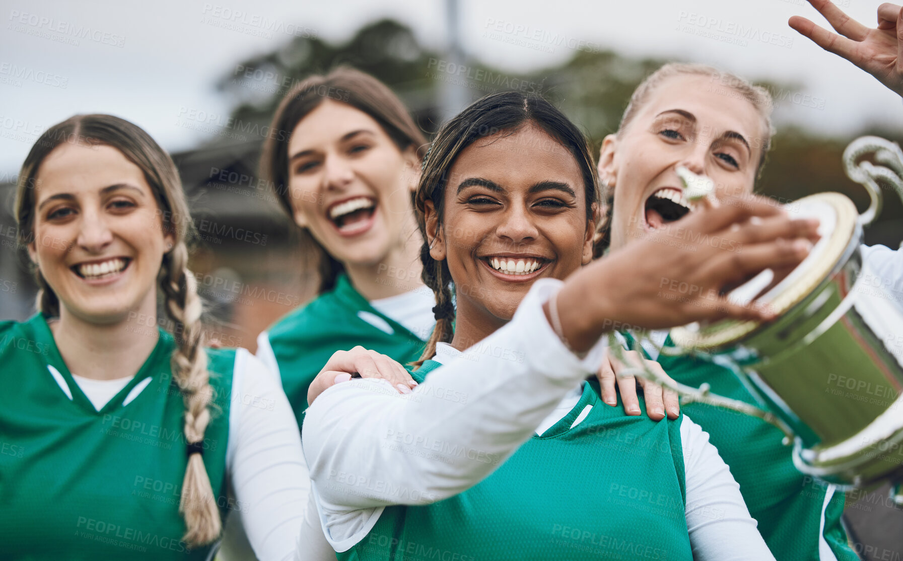 Buy stock photo Sports women, team and winning trophy in portrait, celebration and success in competition on field. Champion girl group, friends and diversity for hockey, goal or happy outdoor at stadium for contest