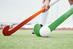 Hockey stick, sports or people on turf in a game, tournament or competition with ball or action. Fitness, athletes training or players in exercise, workout or closeup on artificial grass or ground