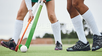 Buy stock photo Hockey team, game or field for exercise fitness workout or running performance, physical or sport challenge. Healthy professional athlete, cardio collaboration or outdoor competition, train or strong