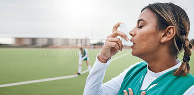 Buy stock photo Woman, athlete and asthma pump for breathing, hand and chest pain in emergency, exercising and fitness workout. Inhaler, training and health issues in lungs, wellness and serious medical condition