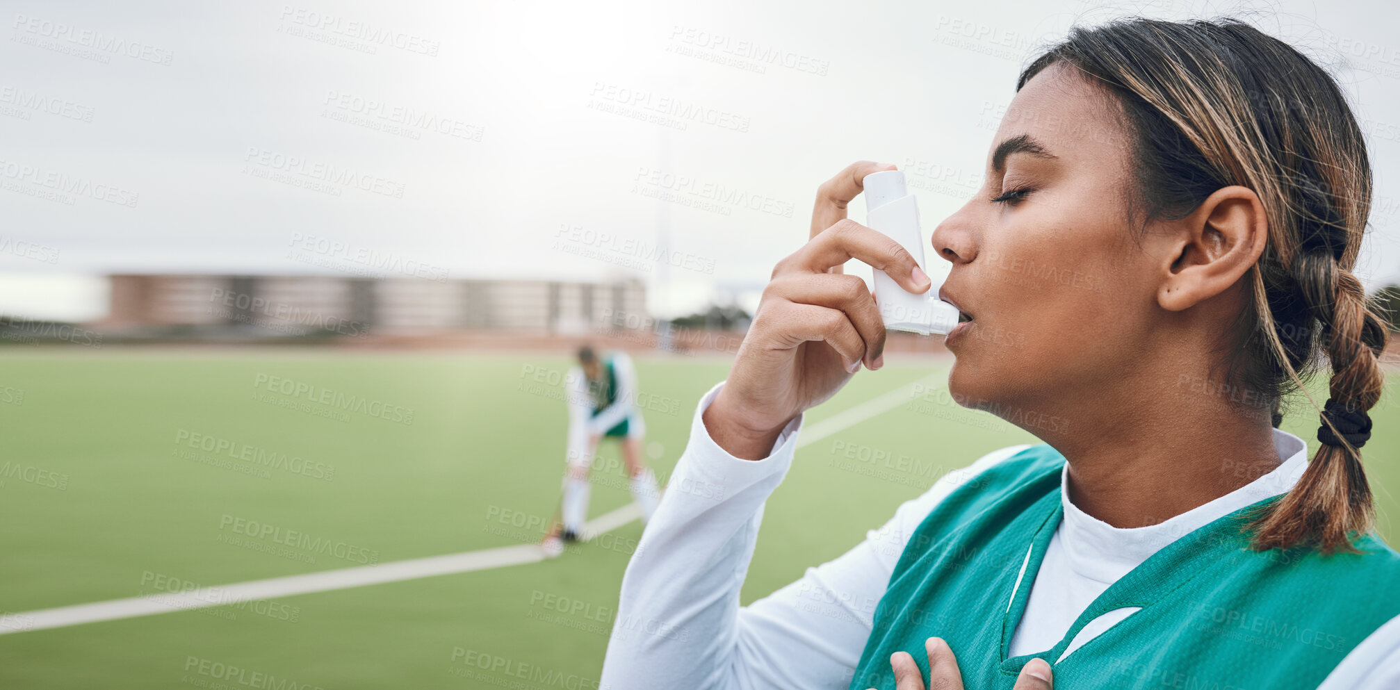 Buy stock photo Woman, athlete and asthma pump for breathing, hand and chest pain in emergency, exercising and fitness workout. Inhaler, training and health issues in lungs, wellness and serious medical condition