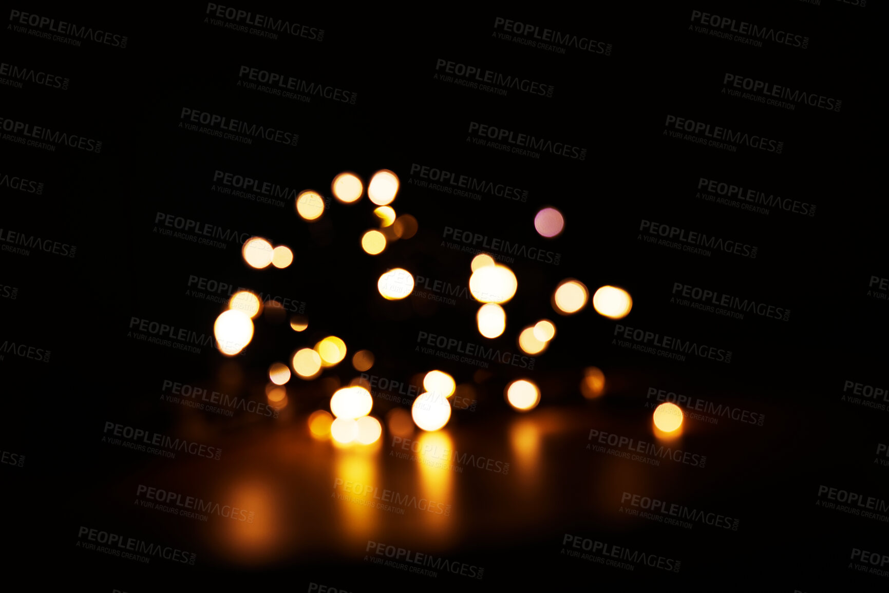 Buy stock photo Bokeh on a dark background, orange dots and sparkle with mockup space, abstract or wallpaper with special effects. Texture, pattern and glitter, graphics with glow or shine, disco with bubble decor
