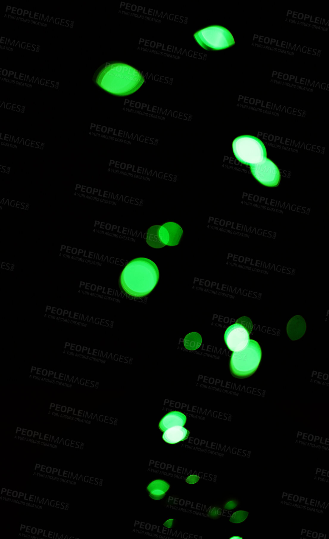 Buy stock photo Bokeh, green dots and lights on black background with pattern, texture and mockup with cosmic aesthetic. Night lighting, sparkle particles and glow on dark wallpaper with space, color shine and flare