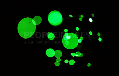 Buy stock photo Green light, bokeh and glow on dark background isolated on a mockup space. Blur, black backdrop and defocused shine, sparkle or glitter at night for Christmas, holiday or party with magic color dots