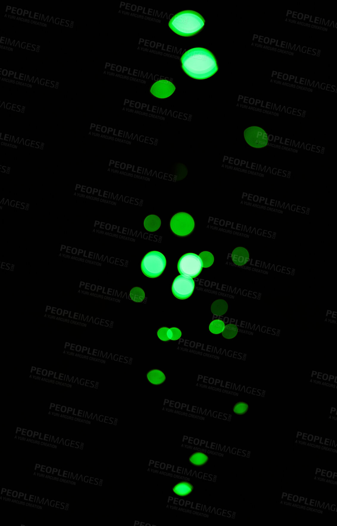 Buy stock photo Bokeh, green dots and light on black background with pattern, texture and mockup with cosmic aesthetic. Night lighting, sparkle particles and glow on dark wallpaper with space, color shine and flare.