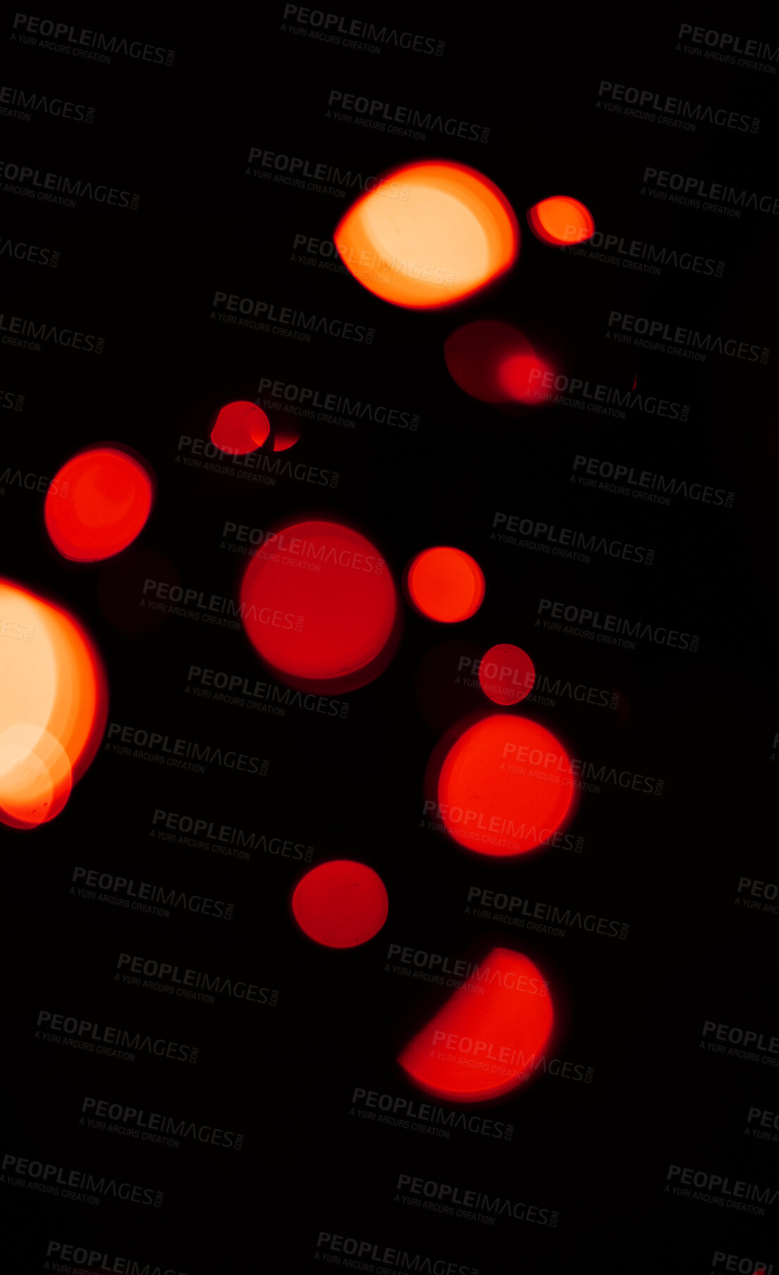 Buy stock photo Bokeh, red and orange lights on dark wallpaper with pattern, texture and mockup with cosmic aesthetic. Night lighting, sparkle particles and glow on black background with space, color shine and flare