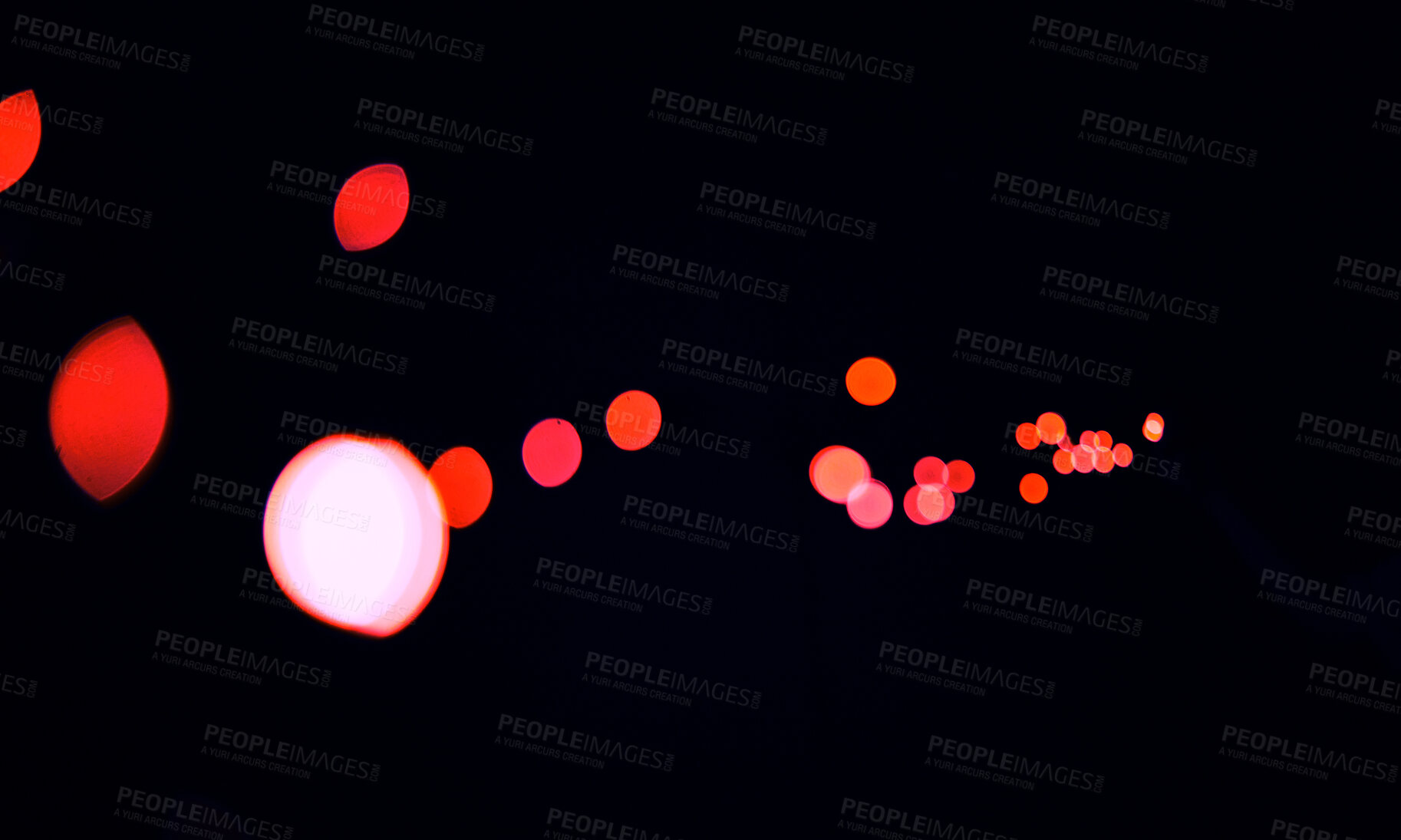Buy stock photo Bokeh, cosmic red dots and black background with pattern, texture and mockup with aesthetic lights. Night lighting, sparkle particles and glow on dark wallpaper with space, color shine and flare.