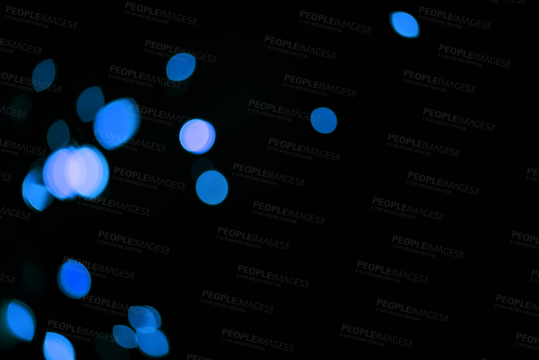 Buy stock photo Bokeh, blue dots and mockup on black background with pattern, texture and lights with cosmic aesthetic. Night lighting, sparkle particles and glow on dark wallpaper with space, color shine and flare.