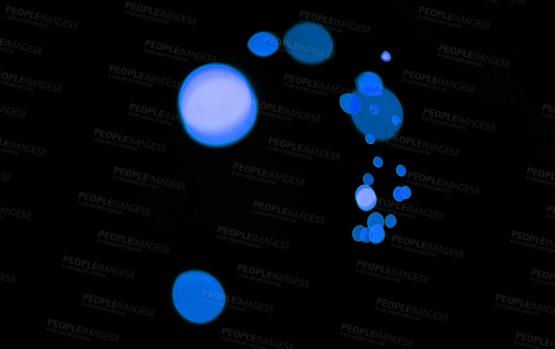 Buy stock photo Bokeh, blue particles and lights on dark background with pattern, texture and mockup with cosmic aesthetic. Night lighting, sparkle dots and glow on black wallpaper with space, color shine and flare.