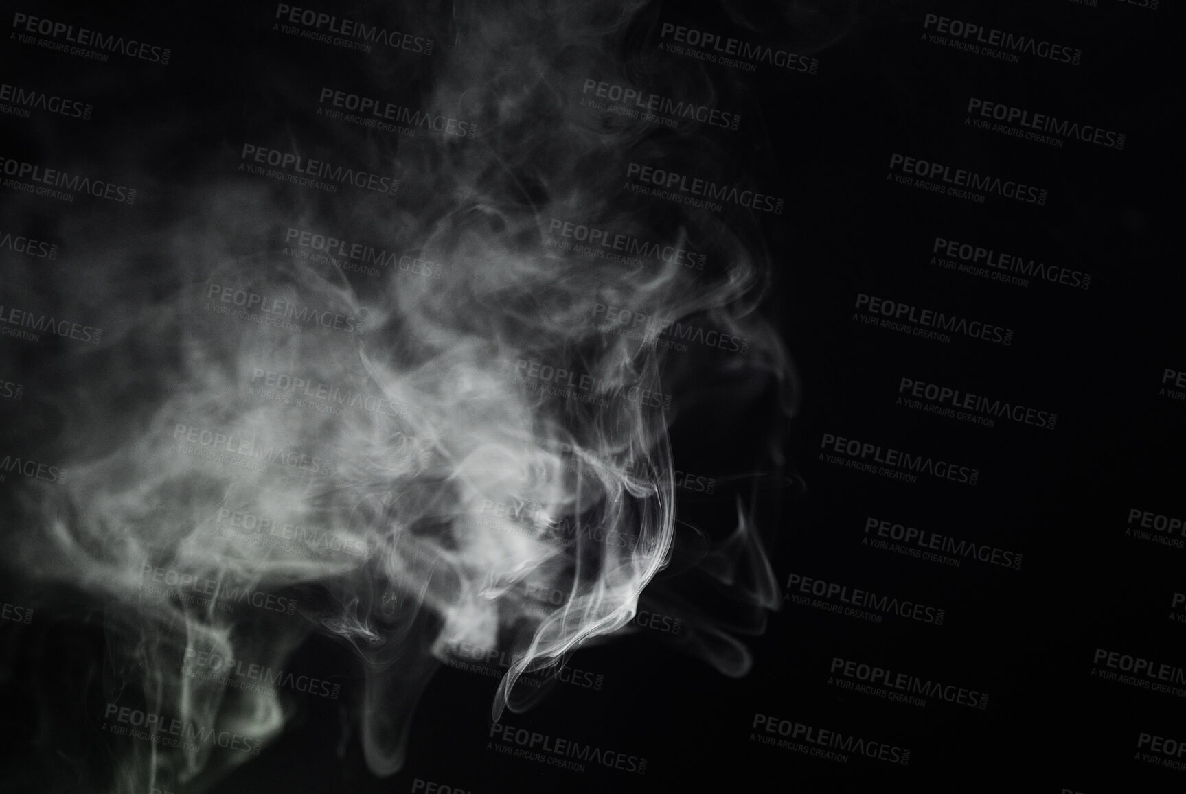 Buy stock photo Smoking, cigarette and dark or black background with pattern, texture and mockup for abstract art of gas or cloud design. Vape, fog or smoke clouds in air pollution, texture or danger in empty studio