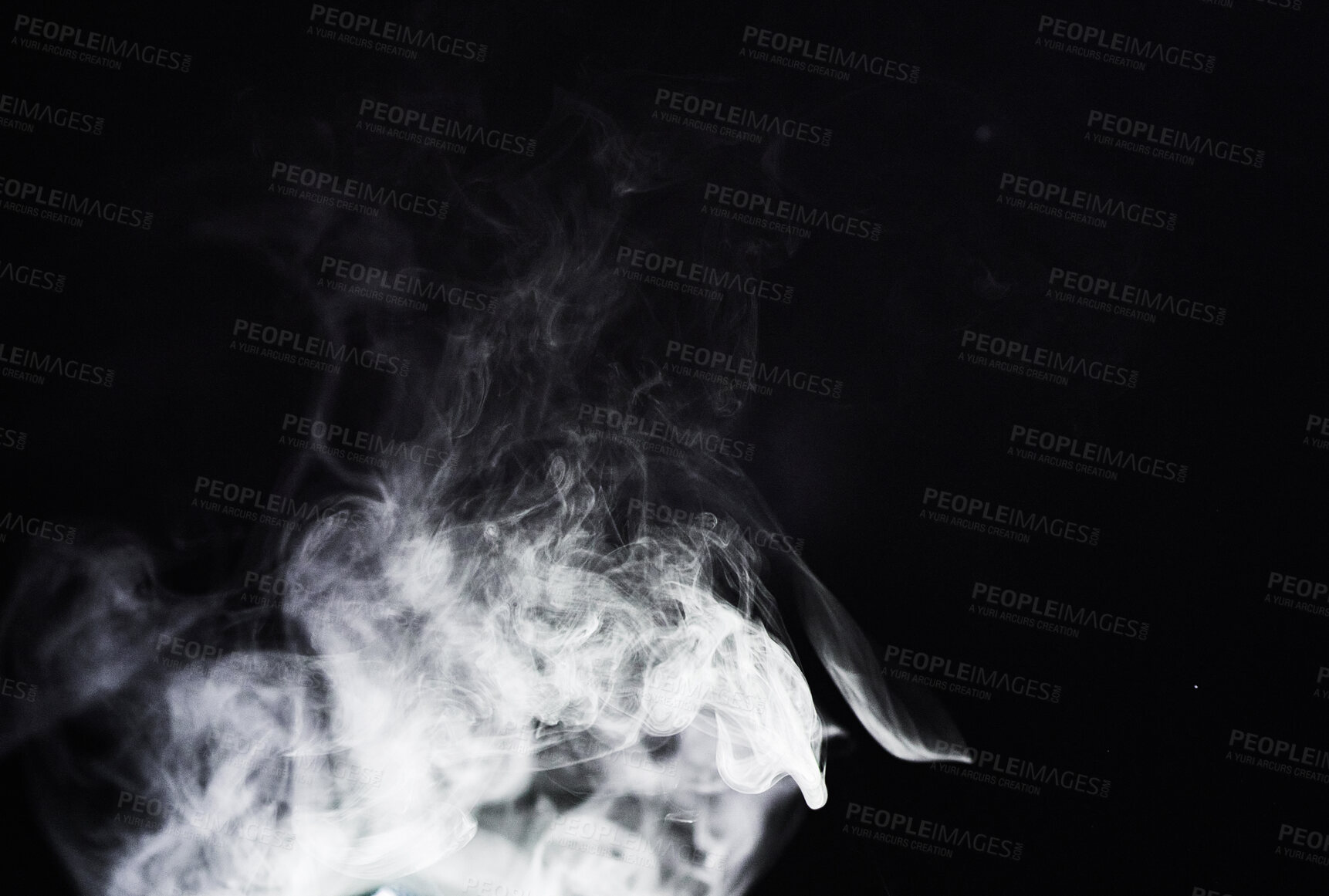 Buy stock photo Smoke, dark background and mist, fog or gas on mockup space wallpaper. Cloud, smog and magic effect on black backdrop of steam with abstract texture, dry ice pattern or vapor of incense moving in air