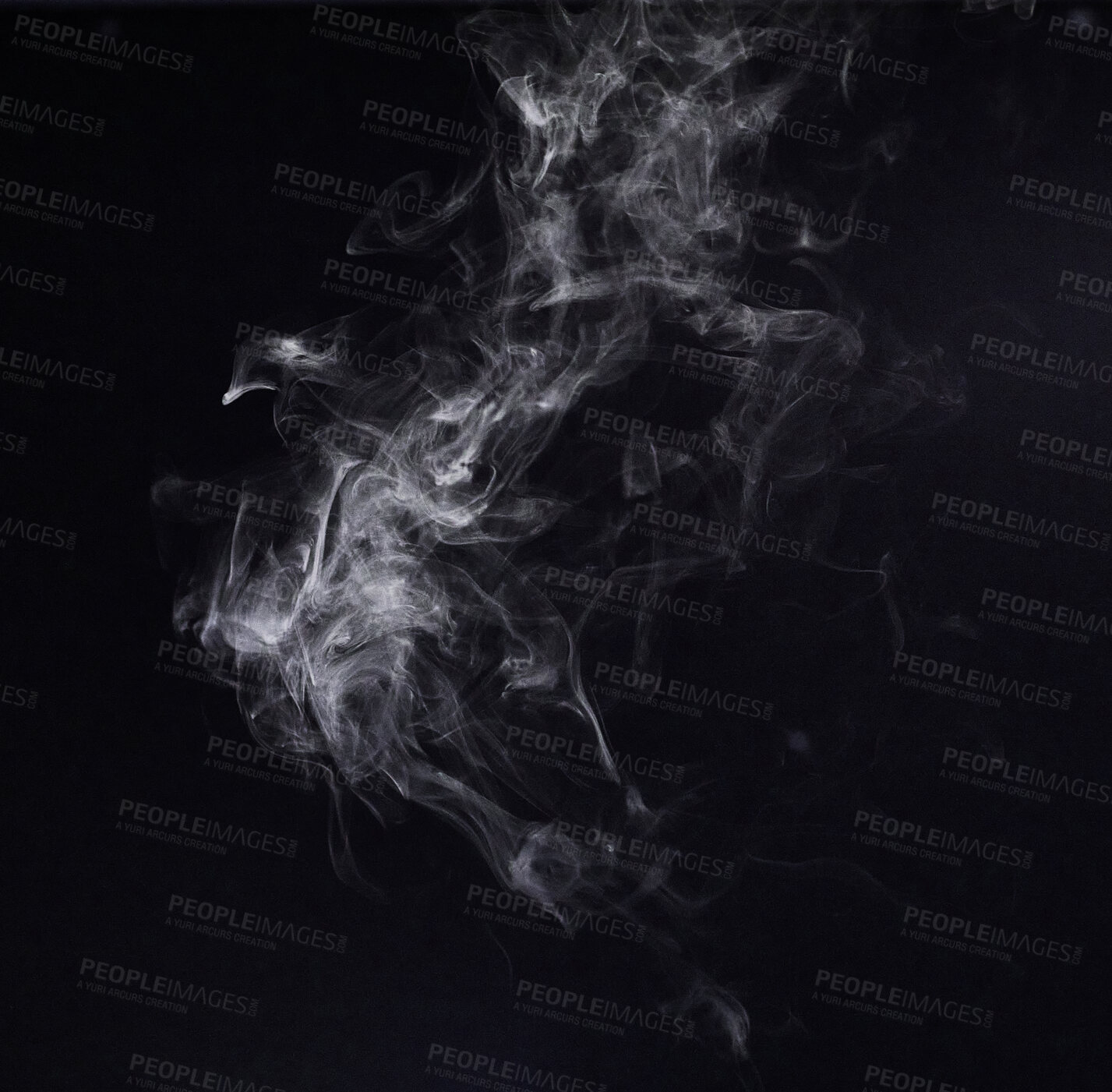 Buy stock photo Steam, fog or gas in a studio with dark background by mockup space for magic effect with abstract. Incense, smoke or vapor mist moving in air for cloud smog pattern by black backdrop with mock up.