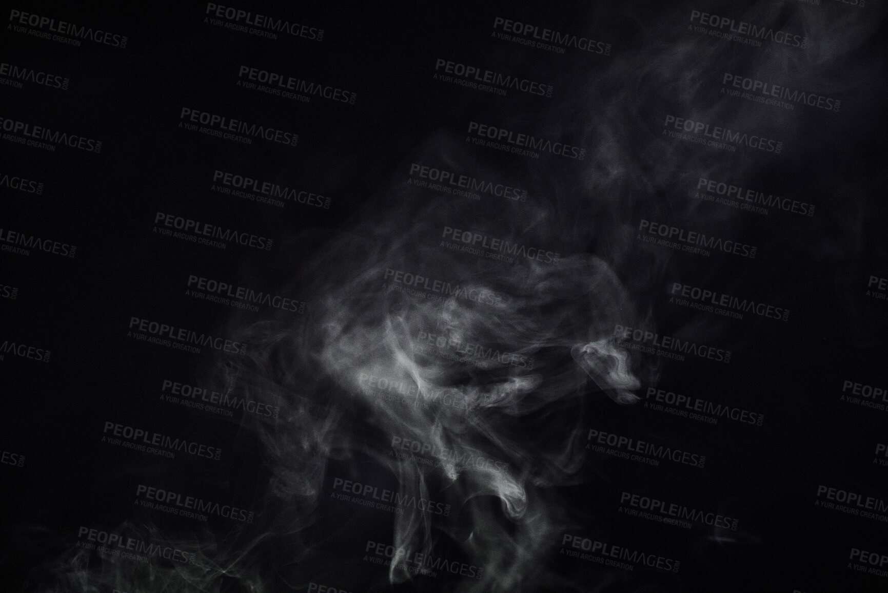 Buy stock photo Smoke, black background and mist, fog or gas on mockup space wallpaper. Cloud, smog and magic effect on dark backdrop of steam with abstract texture, pollution pattern or incense vapor moving in air