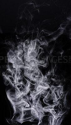 Buy stock photo Smoke, black background and steam, fog or gas on mockup space wallpaper. Cloud, smog and magic effect on dark backdrop of mist with abstract texture, pollution pattern and incense vapor moving in air