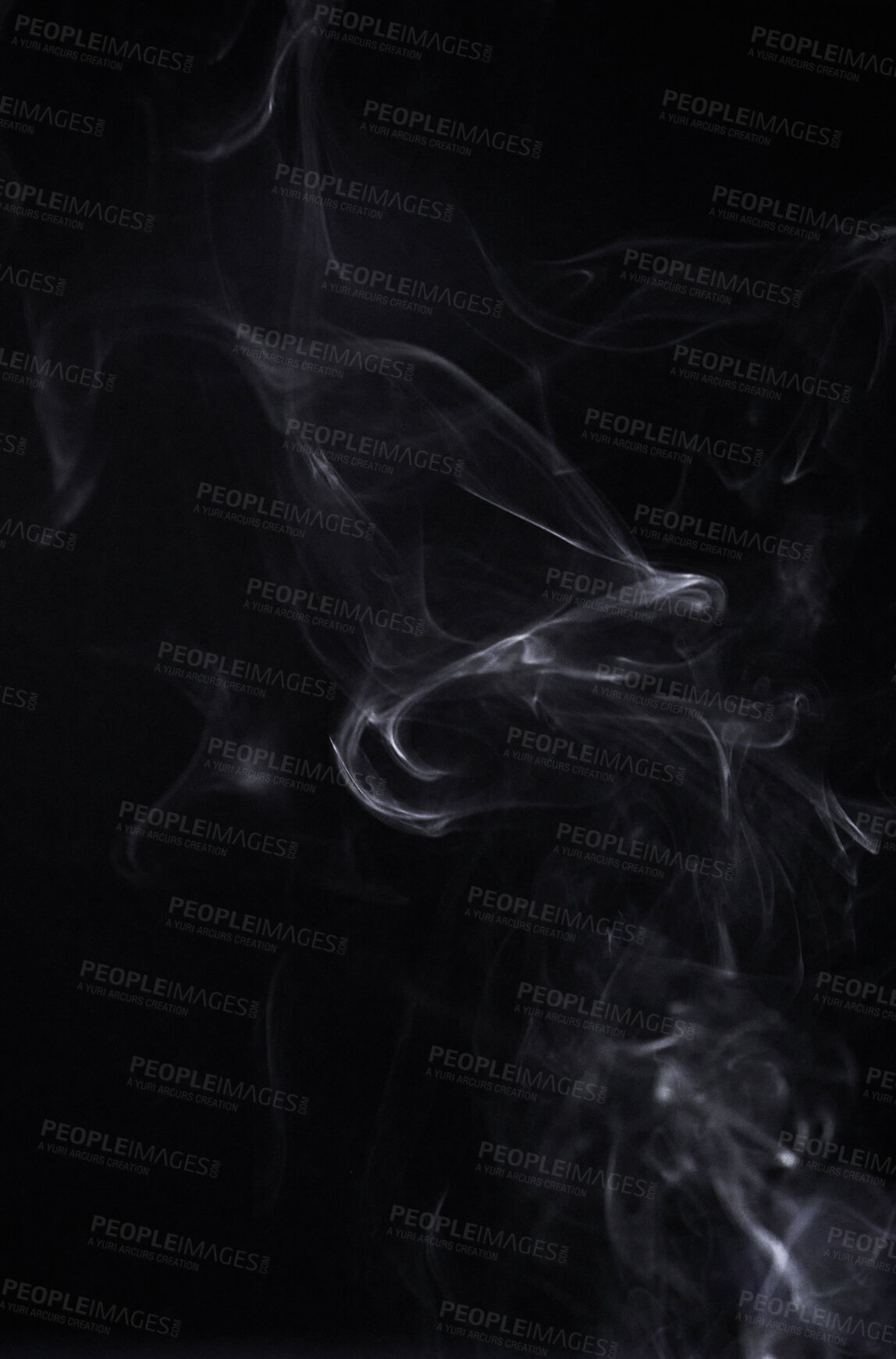 Buy stock photo Smoke, dark background and steam, fog or gas on mockup space wallpaper. Cloud, smog and magic effect on black backdrop of mist with abstract texture, pollution pattern and incense vapor moving in air