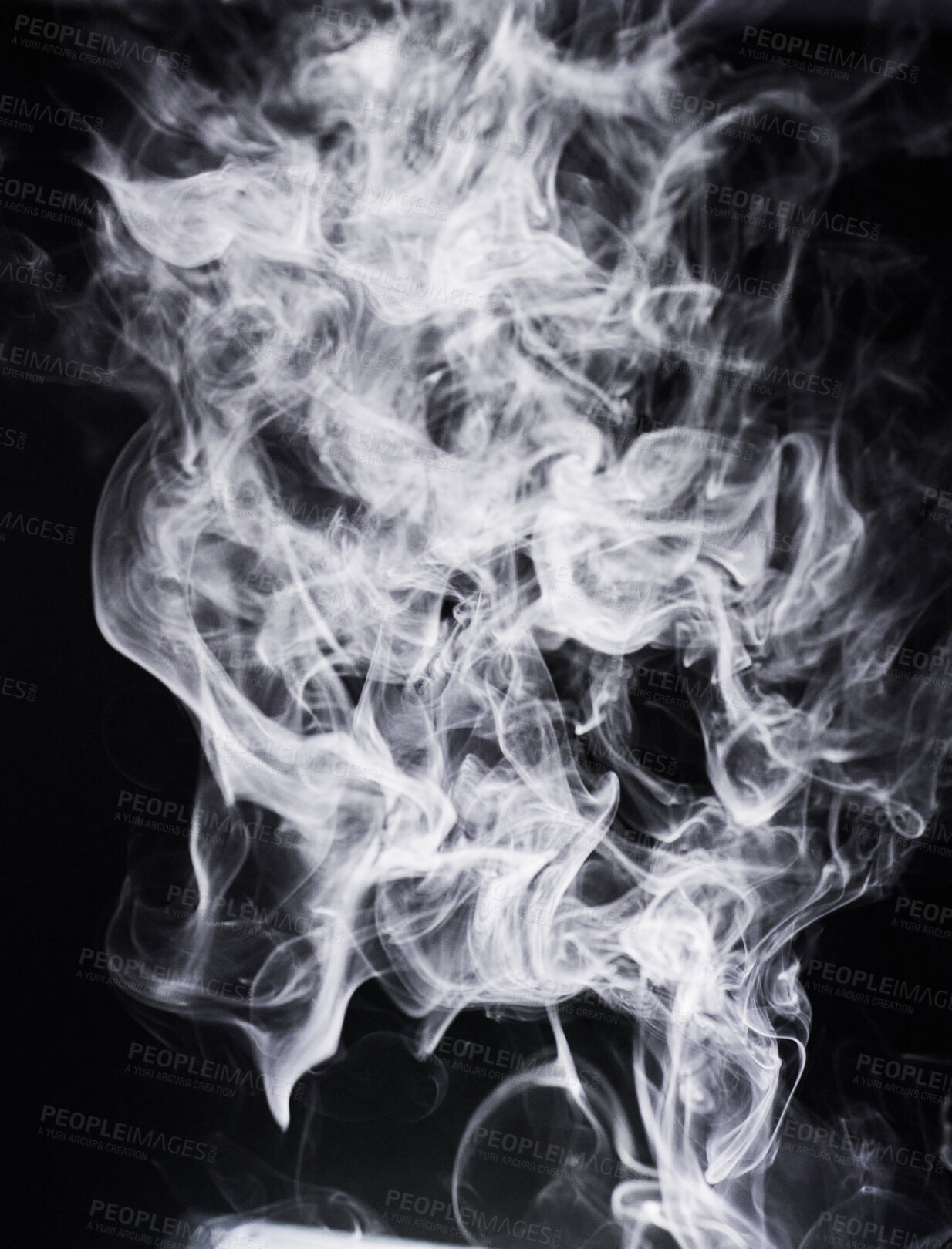 Buy stock photo Smoke, incense or gas in a studio with dark background by mockup space for magic effect with abstract. Fog, steam or vapor mist moving in air for cloud smog pattern by black backdrop with mock up.