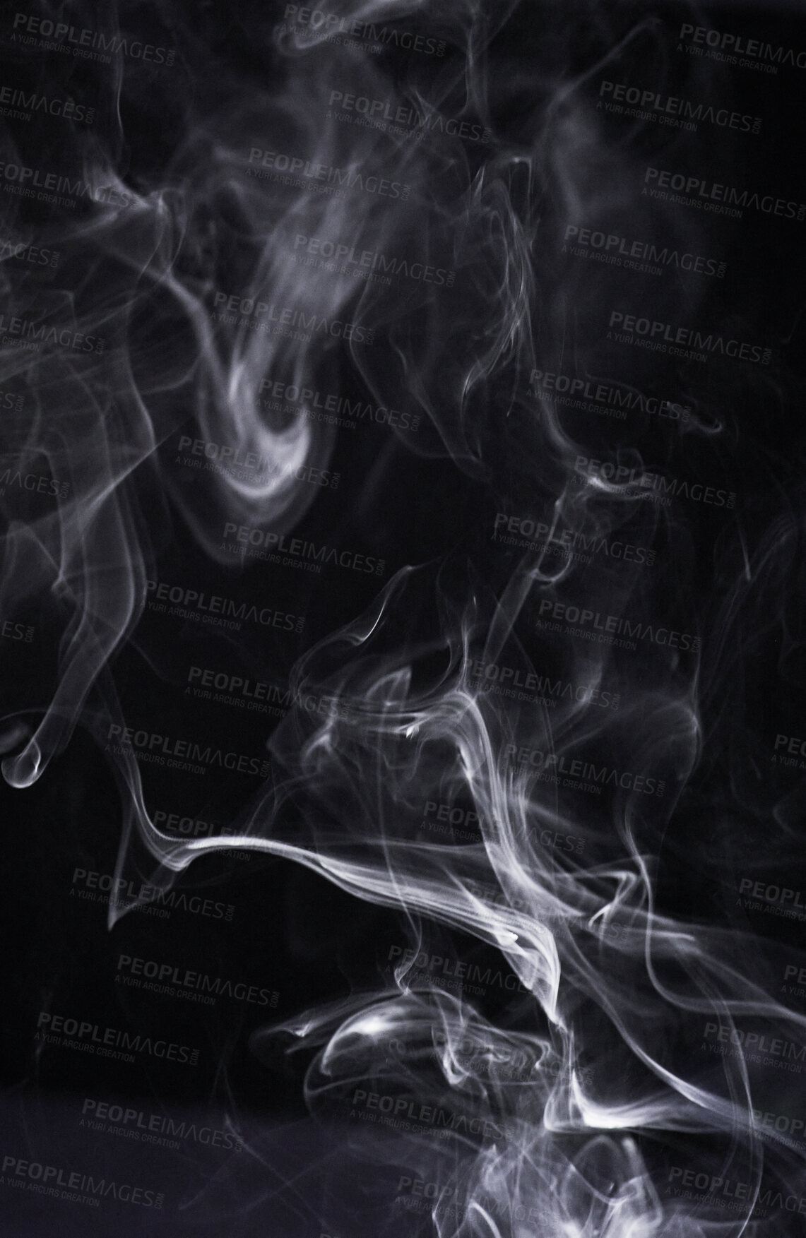 Buy stock photo Smoke, dark background and mist, fog or gas on mockup space wallpaper. Cloud, smog and magic effect on black backdrop of steam with abstract texture, dry ice pattern or vapor of incense moving in air