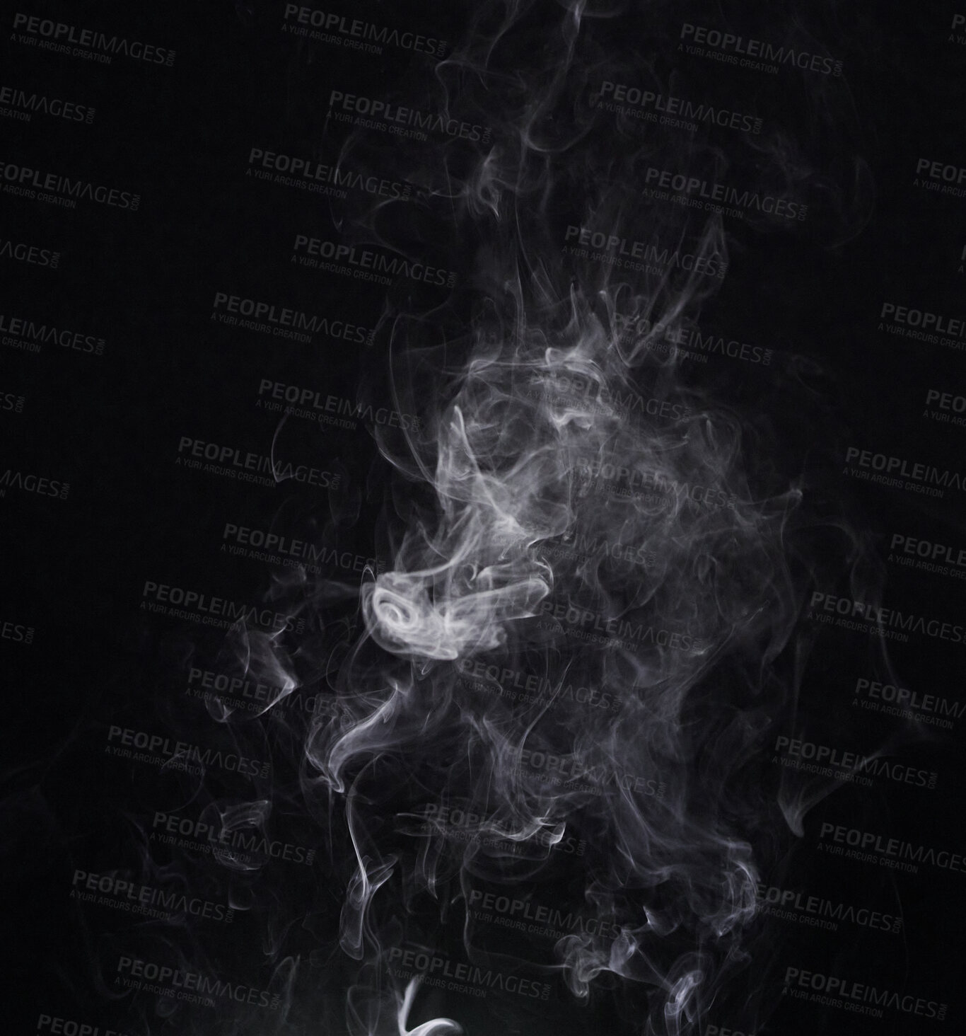 Buy stock photo White smoke, creative and art on black background, fog and pattern in vapor, mist and incense. Fumes, smog and steam or air, gas and dry ice effect in abstract, artistic and pollution with mystery