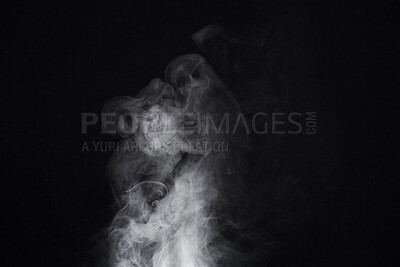 Buy stock photo Smoke, dark background and mist, fog or gas on mockup space wallpaper. Cloud, smog and magic effect on black backdrop of steam with abstract texture, dry ice pattern or vapor of incense moving in air