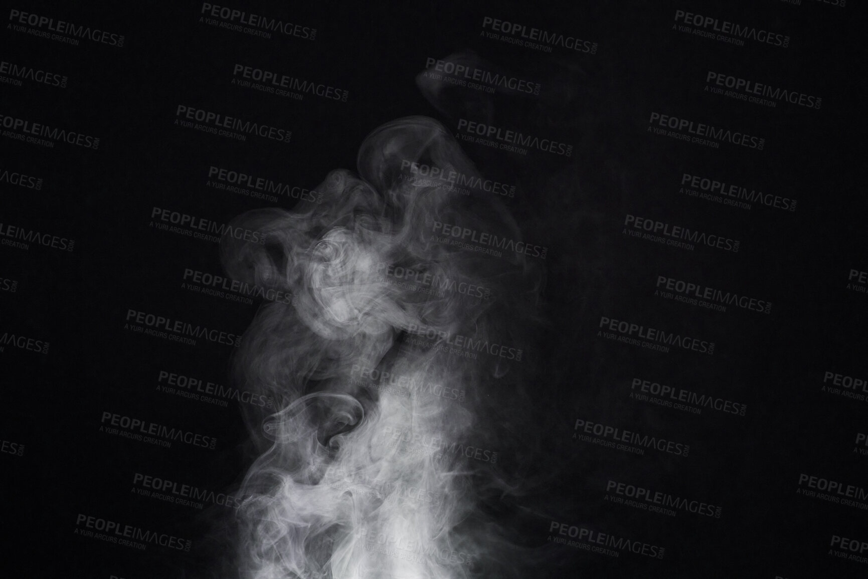 Buy stock photo Smoke, dark background and mist, fog or gas on mockup space wallpaper. Cloud, smog and magic effect on black backdrop of steam with abstract texture, dry ice pattern or vapor of incense moving in air