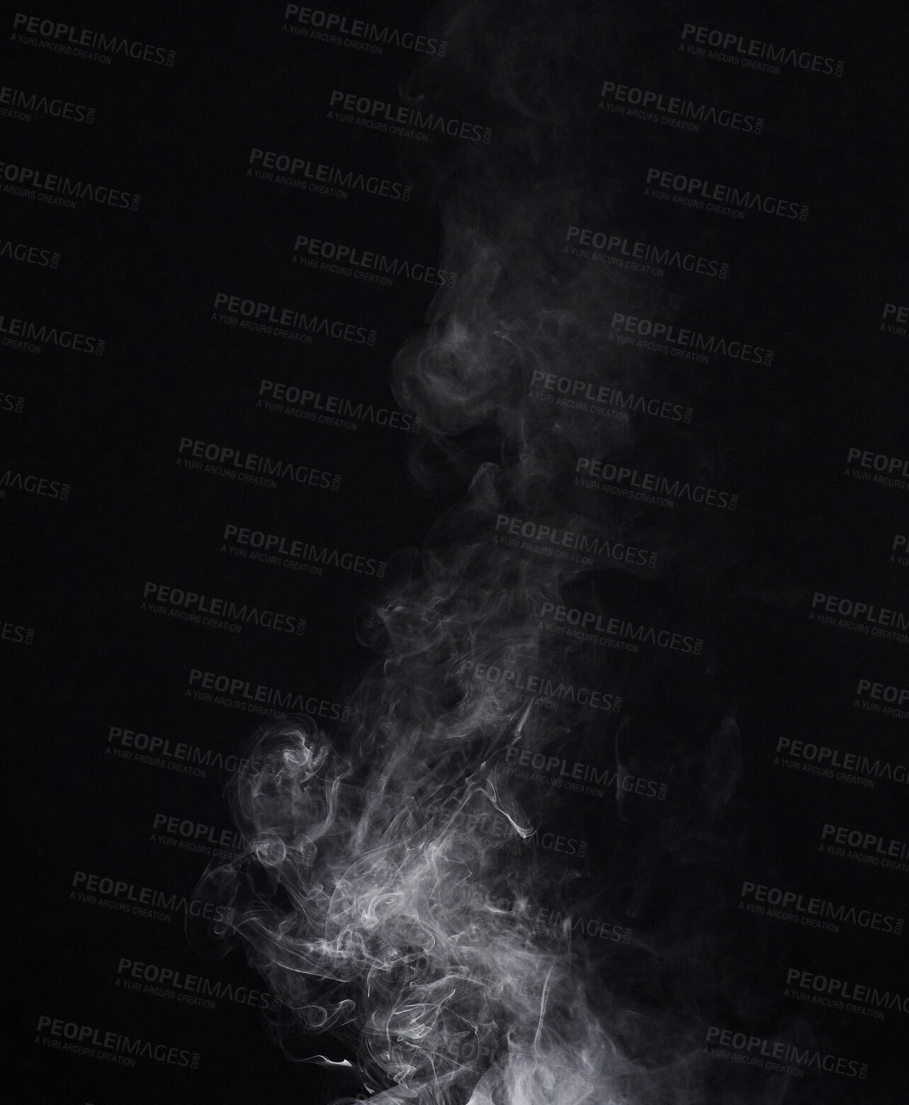 Buy stock photo Smoke, dark background and mist, fog or gas on mockup space wallpaper. Cloud, smog and magic effect on black backdrop of steam with abstract texture, pollution pattern or incense vapor moving in air