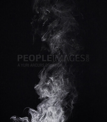 Buy stock photo Smoke, dark background and incense, fog or gas on mockup space wallpaper. Cloud, smog and magic effect on black backdrop of steam with abstract texture, pollution pattern or mist vapor moving in air