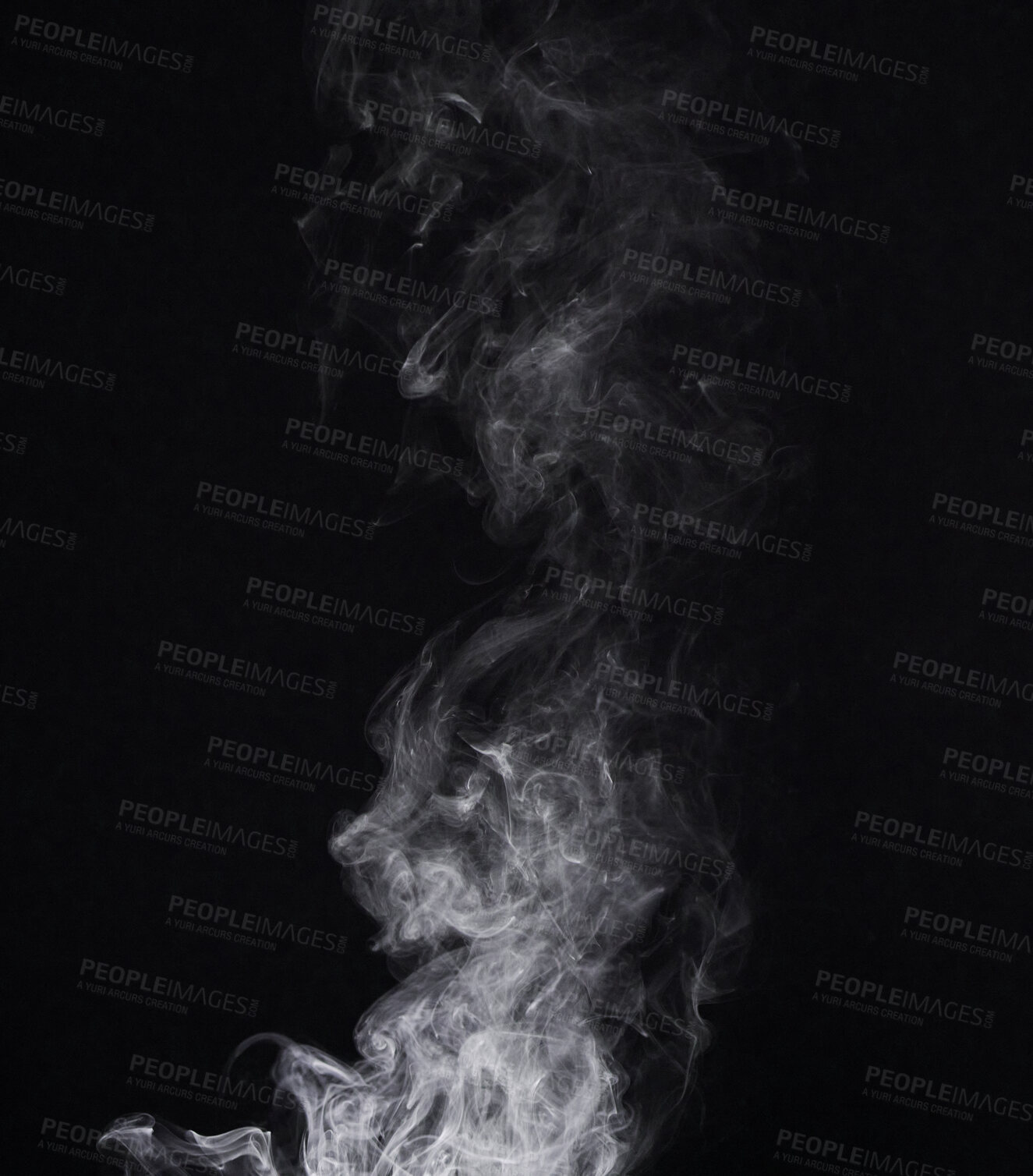 Buy stock photo Smoke, dark background and incense, fog or gas on mockup space wallpaper. Cloud, smog and magic effect on black backdrop of steam with abstract texture, pollution pattern or mist vapor moving in air