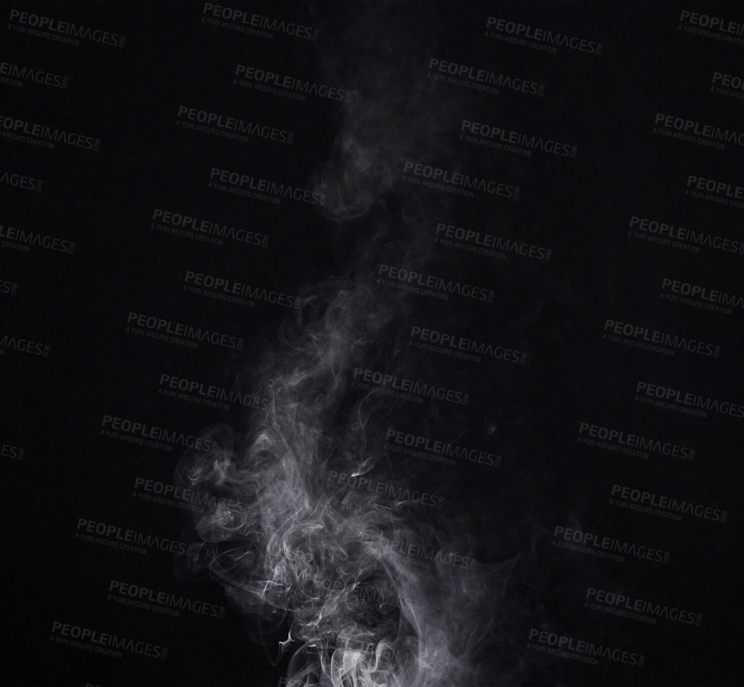 Buy stock photo Smoke, smog or gas in a studio with dark background by mockup space for magic effect with abstract. Incense, steam or vapor mist moving in air for cloud fog pattern by black backdrop with mock up.