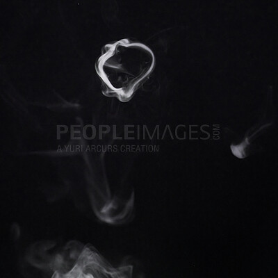 Buy stock photo Smoke, fog or pollution with incense on dark background, gas or mist with vapor and mockup space in studio. Dry ice, pattern and texture with energy, steam and air with black backdrop and smog