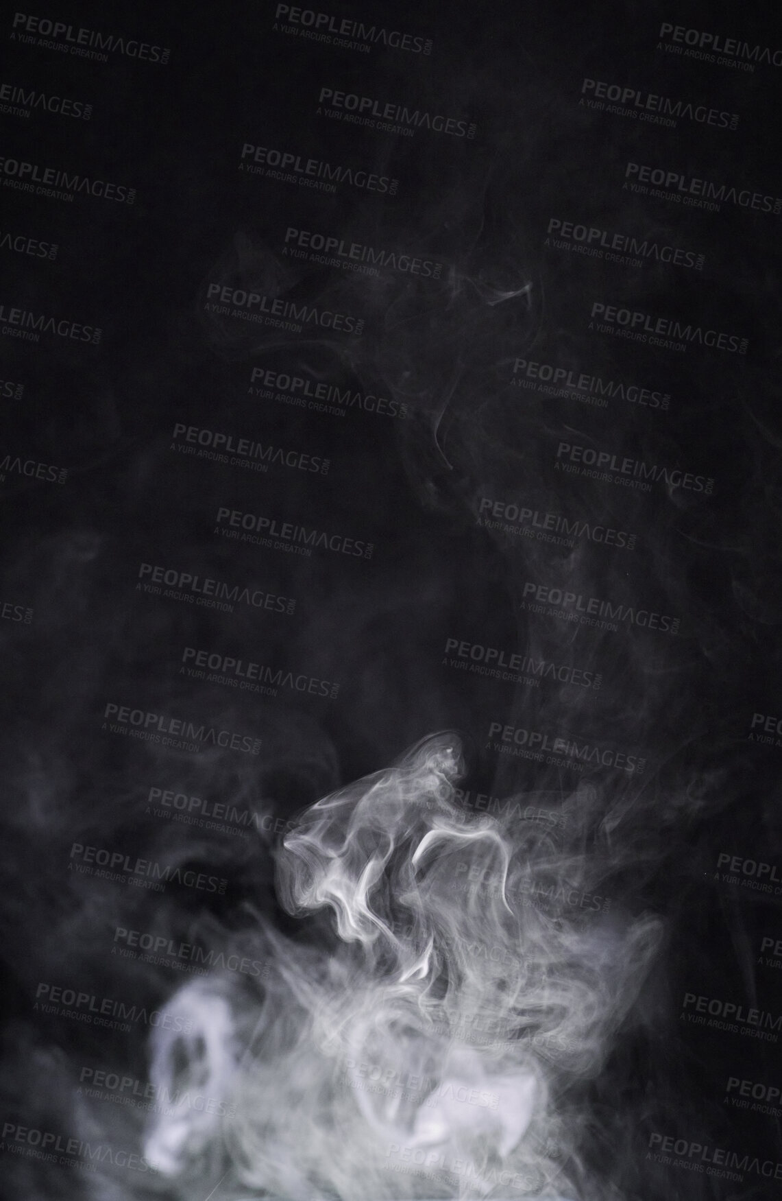 Buy stock photo Smoke, dark background and incense, fog or gas on mockup space wallpaper. Cloud, smog and magic effect on black backdrop of steam with abstract texture, pollution pattern or mist vapor moving in air